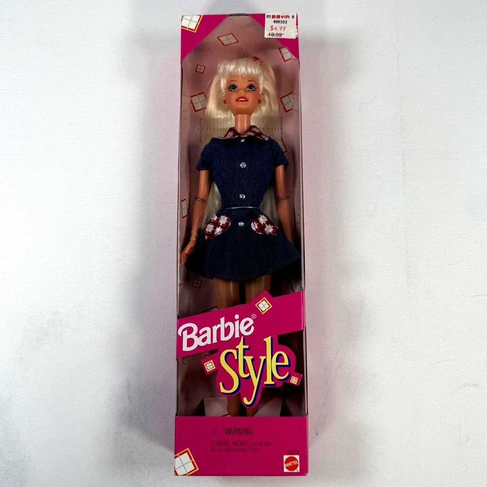 Vintage 1997 Barbie Style Doll Mattel 18219 Blonde Denim Dress Plaid Pockets NEW
